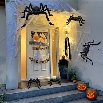 Halloween óriáspók dekoráció – fekete szőrös pók piros szemekkel (30 / 60 / 75 / 150 cm)