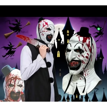 Terrifier – Art the Clown latex horror maszk véres részletekkel és kalappal