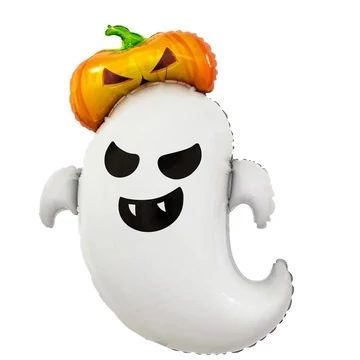 Halloween fólia lufi – Szellem sütőtök kalappal (önállóan álló dekoráció)