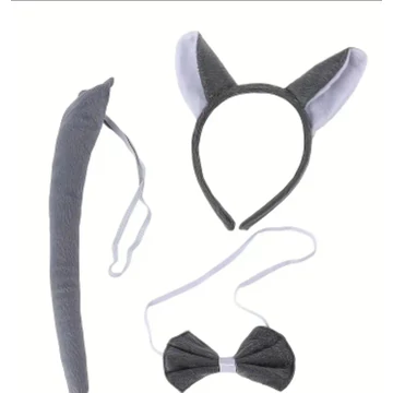 Szürke Farkas Jelmez Kiegészítő Szett – Füles Fejpánt, Farok és Csokornyakkendő