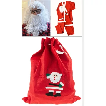 Mikulás jelmez szett ajándékzsákkal + dús paróka és szakáll