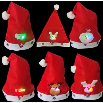 Világító Mikulássapka – 6 db-os random szett (LED-es karácsonyi figurákkal)