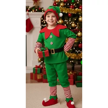 Karácsonyi manó jelmez gyerekeknek – 5 részes szett (cipővel, övvel, sapkával)