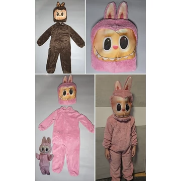 Labubu ihlette plüss jelmez maszkos kapucnival (barna / rózsaszín – gyerek)