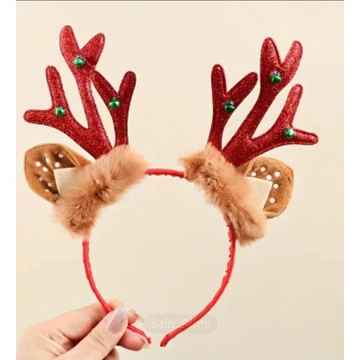 Karácsonyi Rénszarvas Fejpánt Csengőkkel és Prémes Dísszel – Piros vagy Zöld Színben
