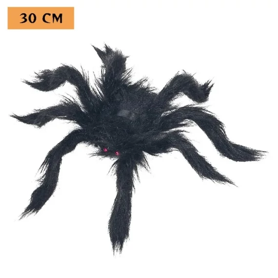 Halloween óriáspók dekoráció – fekete szőrös pók piros szemekkel (30 / 60 / 75 / 150 cm)