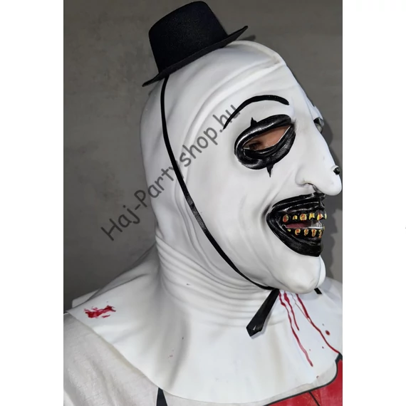 Terrifier – Art the Clown latex horror maszk véres részletekkel és kalappal