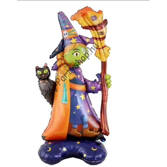 Halloween Boszorkány Fólia Lufi – 100 cm, cicával és seprűvel