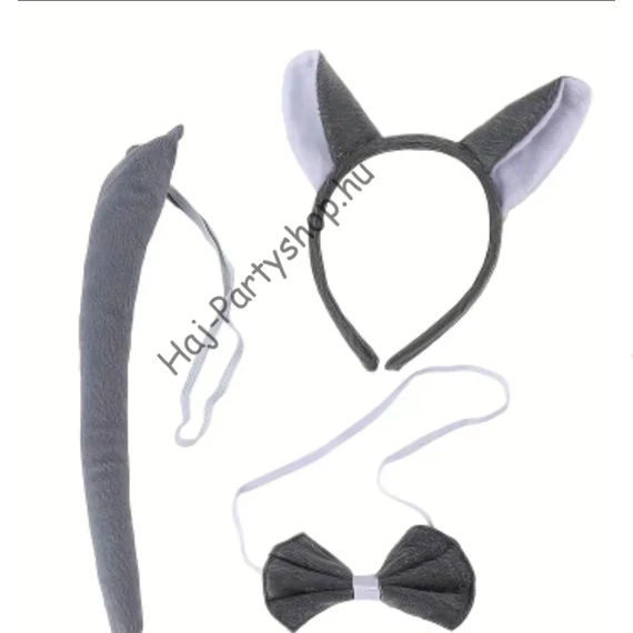 Szürke Farkas Jelmez Kiegészítő Szett – Füles Fejpánt, Farok és Csokornyakkendő