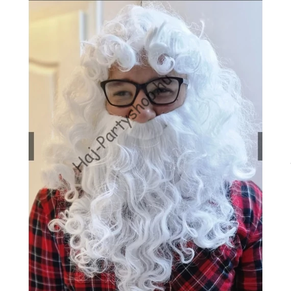 Mikulás jelmez szett ajándékzsákkal + dús paróka és szakáll