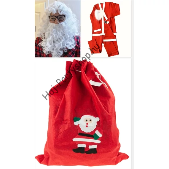 Mikulás jelmez szett ajándékzsákkal + dús paróka és szakáll