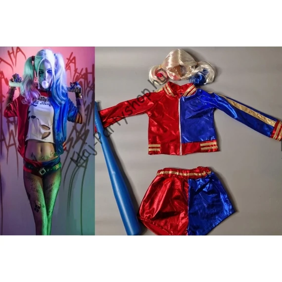 Harley Quinn stílusú lány jelmez parókával és baseballütővel - S-XL (gyerek) méretek