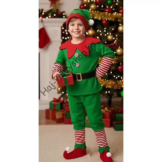Karácsonyi manó jelmez – gyerek és felnőtt méretben (teljes szett sapkával, övvel, cipővel)