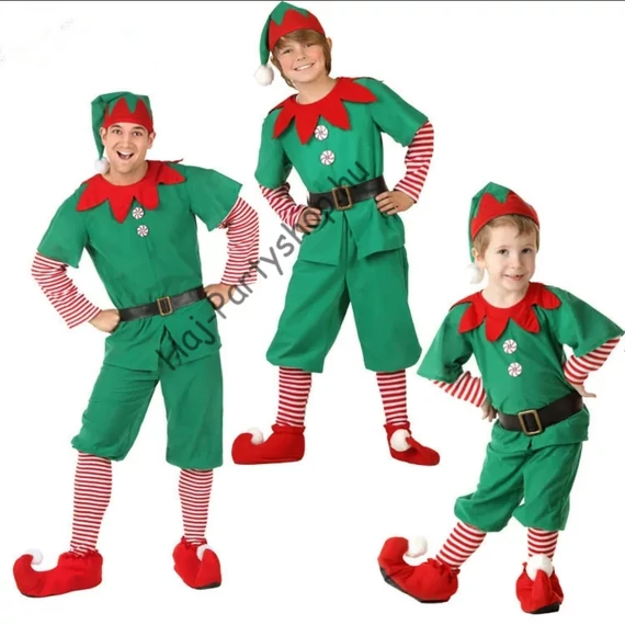Karácsonyi manó jelmez – gyerek és felnőtt méretben (teljes szett sapkával, övvel, cipővel)