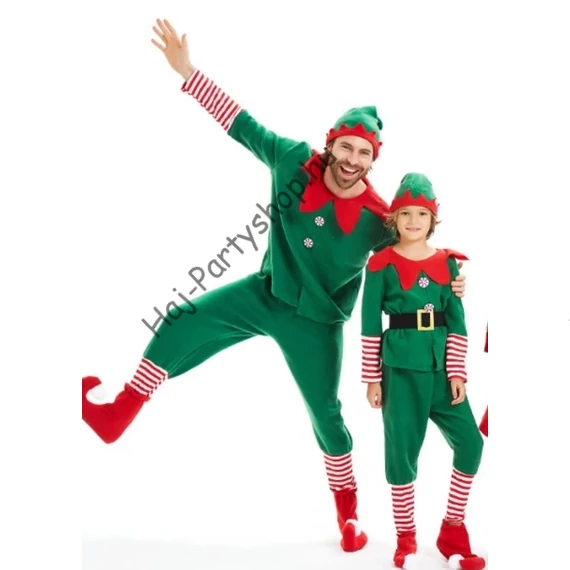 Karácsonyi manó jelmez – gyerek és felnőtt méretben (teljes szett sapkával, övvel, cipővel)