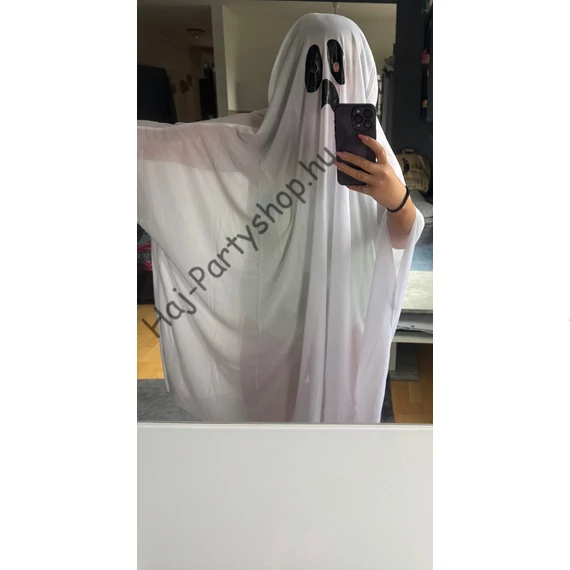 Halloween szellem jelmez – fehér lepel fekete arccal (univerzális felnőtt méret)