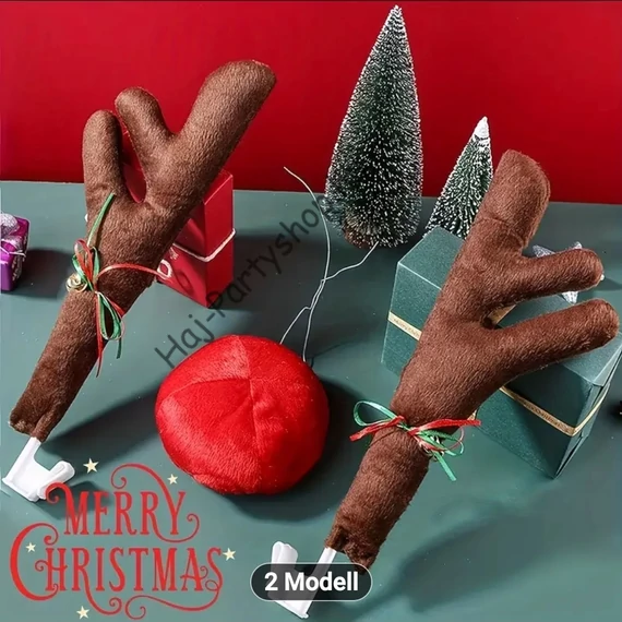 Rénszarvas Autódísz Szett – Piros Orr + 2 db Agancs (Minden Autóra!)