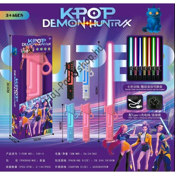 KPOP Demon Hunters – Fekete markolatos színváltós fénykard (74 cm, USB-C, több funkció)