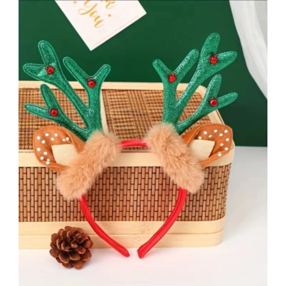 Karácsonyi Rénszarvas Fejpánt Csengőkkel és Prémes Dísszel – Piros vagy Zöld Színben